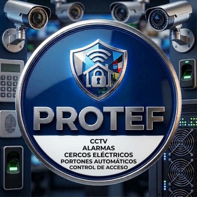 Logo PROTEF: escudo con casa y candado, y los rubros CCTV, alarmas, cercos eléctricos, portones automáticos y control de acceso