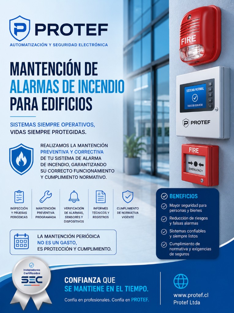 Flyer PROTEF: alarmas de incendio y detección temprana para edificios en Concepción